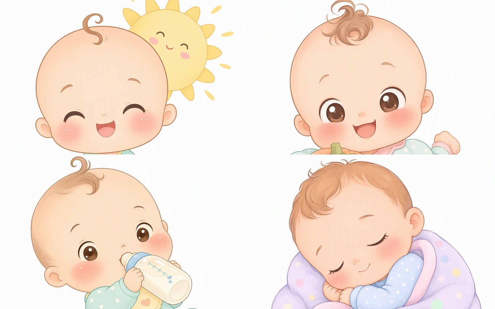 Collage of four baby illustrations: morning, playtime, feeding and sleep
