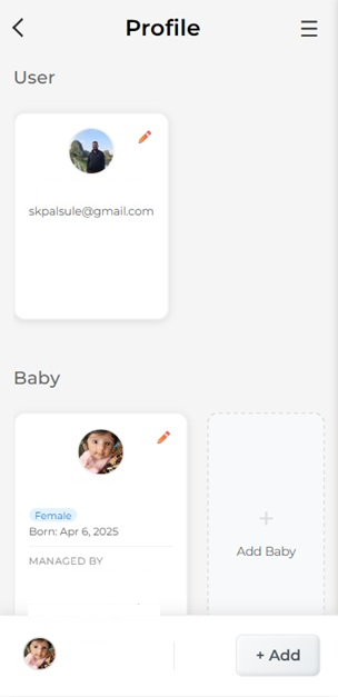 App profile screenshot showing user and baby cards with managed-by section; personal names removed